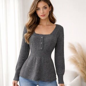 Venus Square Neck Ribbed Knit Peplum Sweater Charcoal Gray Button Front size L